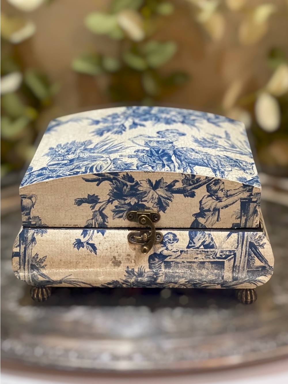 Vintage French Toile Blue White Storage Trinket Box Old World European Design